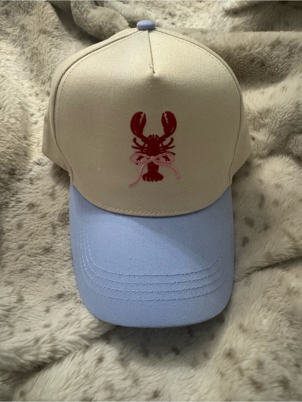 Cream and Light Blue Baseball Cap with Red Lobster Embroidery